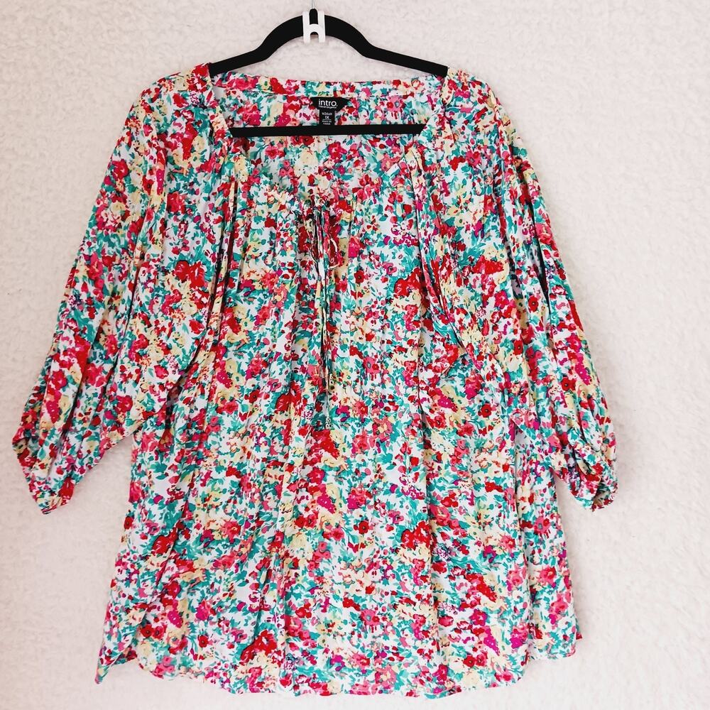 Top Blouse Intro Peasant Prairie Ditsy Floral Red Elastic Neck Arm Tie Size 1X